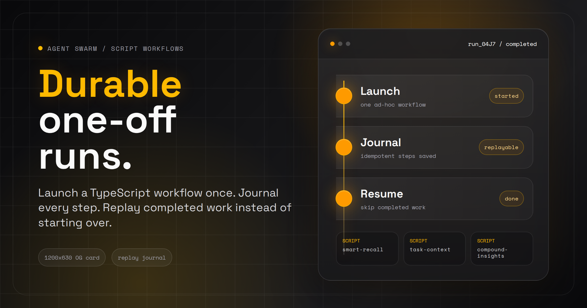 Durable Script Workflows journal and reusable swarm script catalog